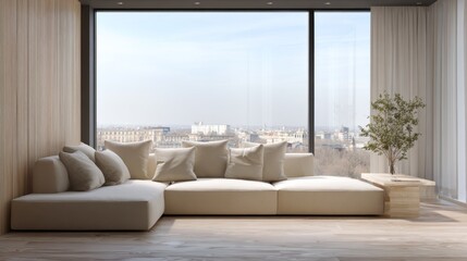 Minimalist living room interior with a large window and city view featuring sofa and wood paneling