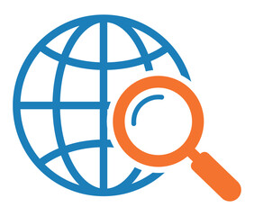 Globe grid and orange magnifying glass icon for global search, world wide web exploration, or international data analysis