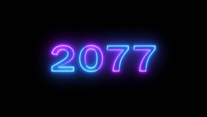 Happy new year 2077 illustration. Glowing Neon celebration new year on black background.
