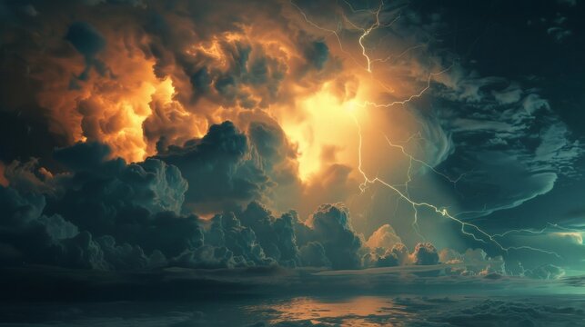 Fiery sunset sky with dramatic lightning strikes over dark clouds and a tranquil ocean