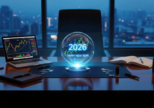 Futuristic office with 2026 holographic display and stock charts - Powered by Adobe