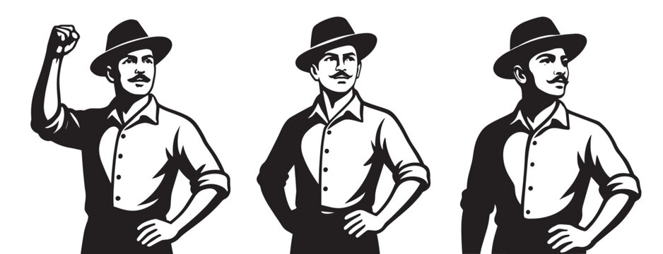 Black silhouette vector illustration of Bhagat Singh in iconic poses with hat &mdash; revolutionary stance, raised fist, and confident look