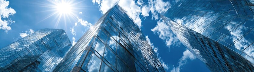 Reflective skyscraper surfaces of business office buildings concept. Modern skyscrapers reflecting the sun under a clear blue sky.