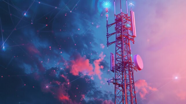 Telecommunication tower against a vibrant sunset sky - Powered by Adobe