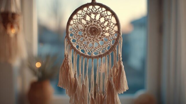 Dream catcher hanging peacefully in a home window concept. A beautifully crafted dreamcatcher hanging against a serene backdrop.