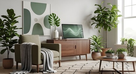 Fototapeta premium Green and Wood Aesthetic Living Room, Biophilic Design with Fiddle Leaf Figs, Modern Armchair