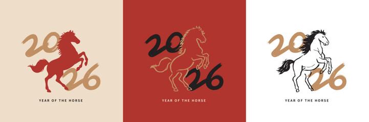 2026 Year of the Horse Chinese New Year minimalist illustration set