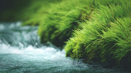 Fast flowing water cascading near vibrant green grass and moss covered rocks on a riverbank