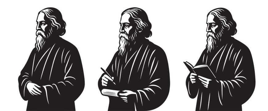 Black silhouette vector illustration of Rabindranath Tagore in thoughtful poses — standing, writing, and reading, symbol of art and wisdom