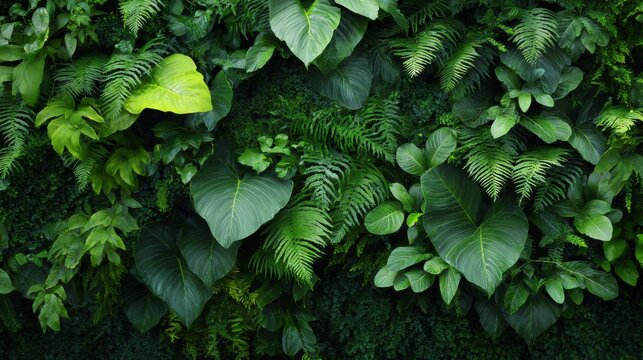 Dense green foliage featuring a variety of plant leaves including ferns and broadleaf plants filling