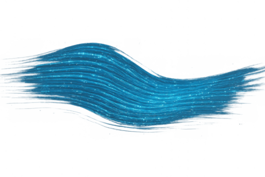 Blue light wave creating data stream movement with flowing glitter particles on transparent background