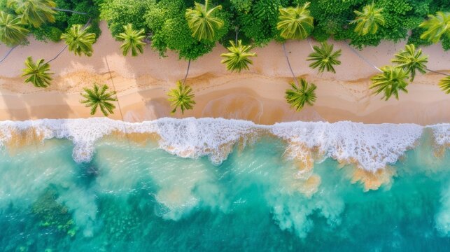 Aerial view of a tropical beach with palm trees and turquoise water