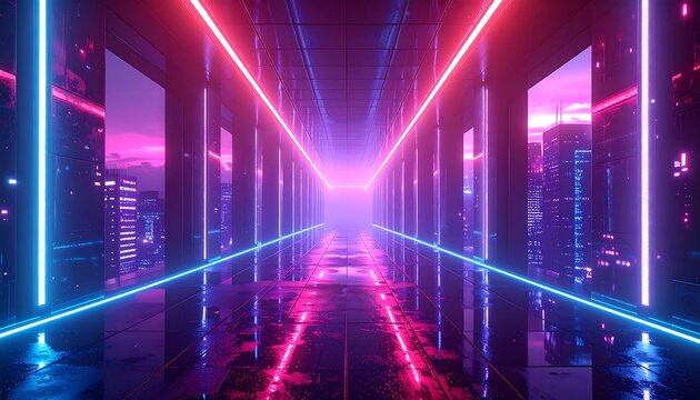 Neon-lit corridor with cityscape background, showing purple, pink, & blue lights in a futuristic architectural setting
