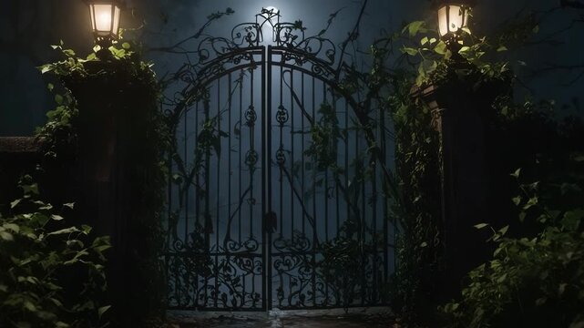An ornate wrought iron gate surrounded by overgrown vines and illuminated by two lanterns at night. A full moon casts a mysterious glow.