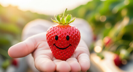 Happy strawberry with smiley face held in hand