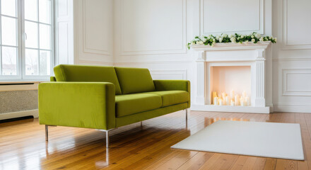 Modern green sofa in a bright room with fireplace