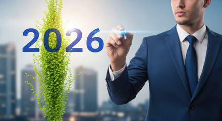 Businessman writes the year 2026 with a growing plant