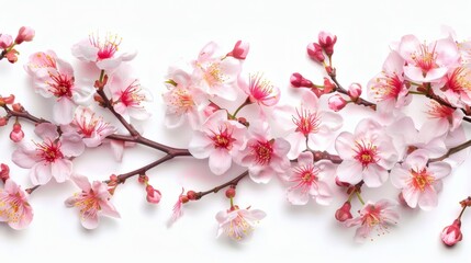 Obraz premium Pink cherry blossom branches with delicate flowers and buds arranged on white background