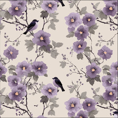 Purple Oriental Bird and Blossom Pattern on Cream Beige Background