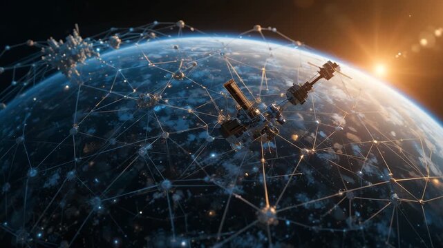 Blue planet Earth and Moon in space with a futuristic digital network design and stars glowing light