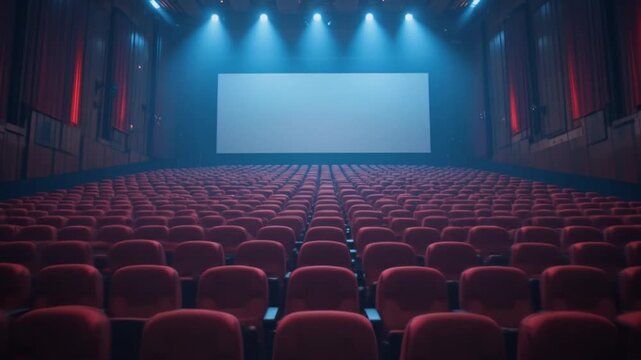 Red cinema seats are lined up in the theater, ready for the upcoming film. 4k video