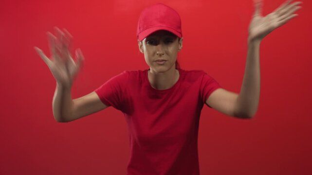 Woman cupping hand to mouth and raising palm forward in red studio wearing red cap and shirt; urgent message.
