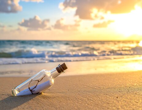 Glass bottle with message on sandy beach, ocean waves, and sunset