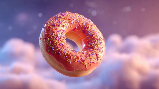 A photorealistic, floating donut with orange icing and colorful sprinkles against a dreamy sky