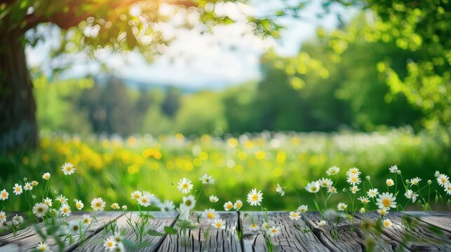 Daisies in bloom on a weathered wooden surface with a blurred background of lush greenery and sunlight