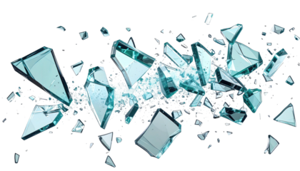 Broken clear shards with light reflections on a dark background