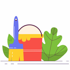 Red paint bucket with yellow brush and green leaves