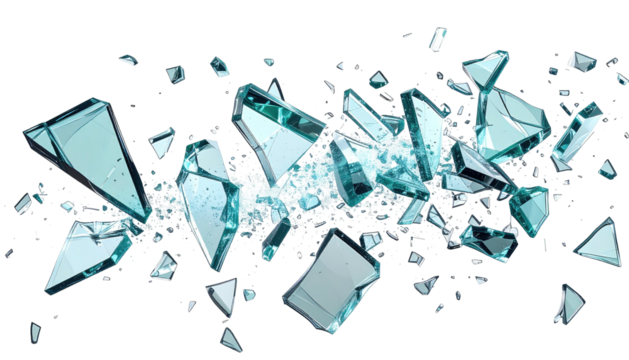 Broken clear shards with light reflections on a dark background