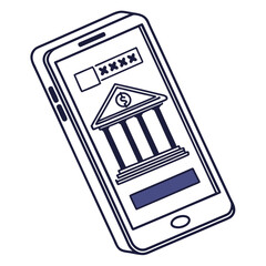 Smartphone displaying online banking app with bank building