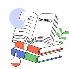 Stack of Chemistry Books With Open Pages and Lab Flask