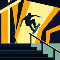 Skateboarder performs abstract geometric graffiti trick mid air