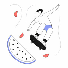 Skateboarder jumps in air with watermelon slice illustration