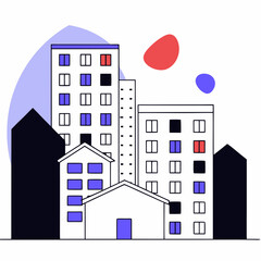 Stylized city buildings with colorful abstract shapes in sky