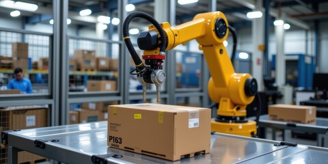 Robotic arm packing boxes in a warehouse environment with workers in the background.