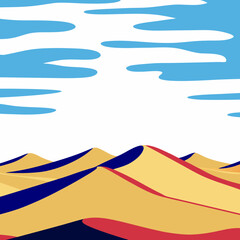 Stylized desert dunes with abstract clouds in bright daylight