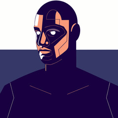 Stylized portrait of a cyborg man with mechanical features
