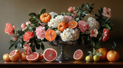 Classic Photorealistic Still Life of Fruits and Flowers Bathed in Natural Light 