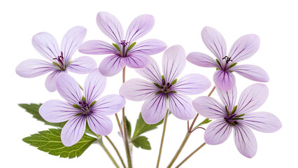 Delicate light purple wildflowers with dark centers and green leaves on a white background