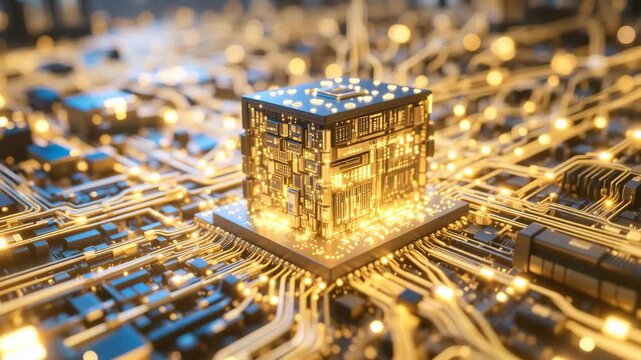 Macro close-up of a digital computer circuit board showing intricate semiconductor microchip and processor components for electronic technology