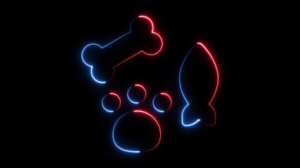 Neon pet icons bone paw print fish shape glowing abstract dark background animated graphic design motion