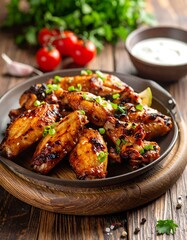 Close-up of roasted poultry pieces on a plate with garnishes, next to a sauce bowl, and some tomatoes
