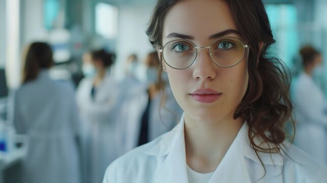 Portrait of a young female scientist in a lab coat and glasses
