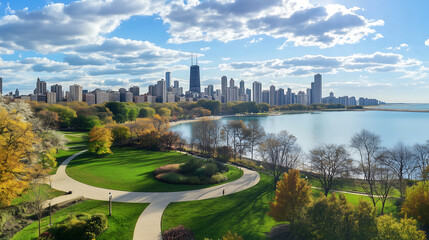 Obraz premium Green golf course meets city skyline and lake under clear blue sky, aerial summer video with fairways trees and CN Tower view in 4k.