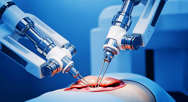 Advanced robotic medical system performing precise eye surgery, showcasing innovation, medical robotics, and future healthcare technology. - Powered by Adobe