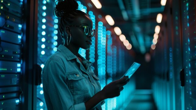 A woman in sunglasses uses a tablet in a server room with blue lighting