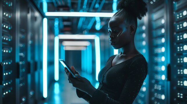Woman using smartphone in a modern server room